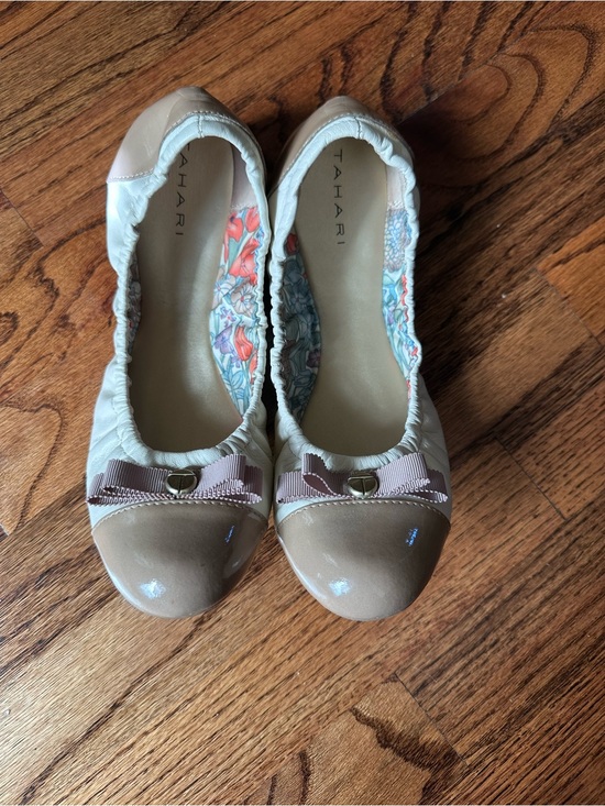 Tahari Shoes - Tahari Cream Flats with Taupe Patent Cap Toe and Bow